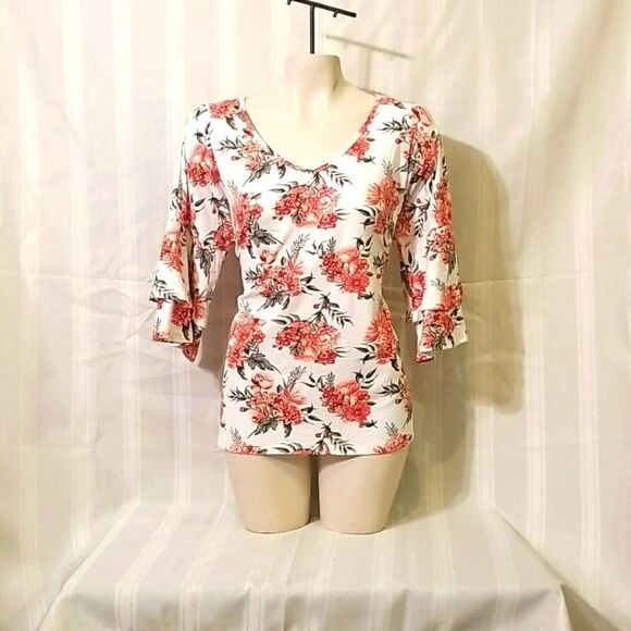 Kristen Nicole Bell Sleeve Floral Roses Print Knit Top Sz Large - Picture 2 of 4